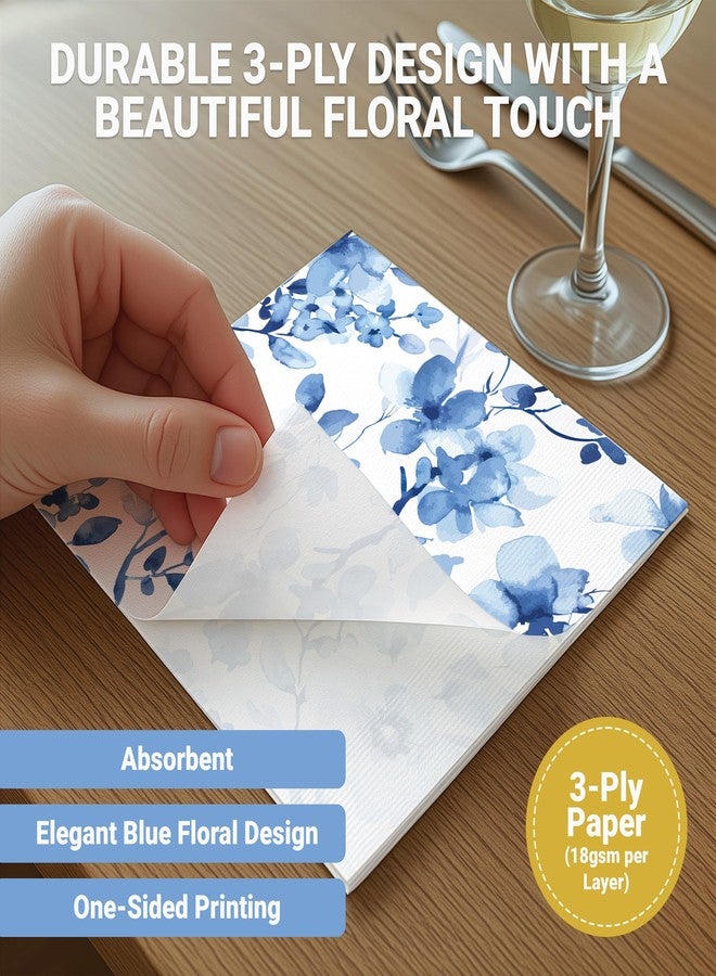 Decorably 3-Ply 100 Pack Disposable Blue Floral Cocktail Napkins Paper - 5x5in Folded Square, for Beverage, Appetizers, Dinner, Tea Party, Garden Party, Bridal and Baby Shower, Birthday, Wedding - Image 4